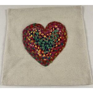 Creative Co-Op Pillow Heart 3D Colorful Sham Ecru Artsy Appliquéd Chindi India